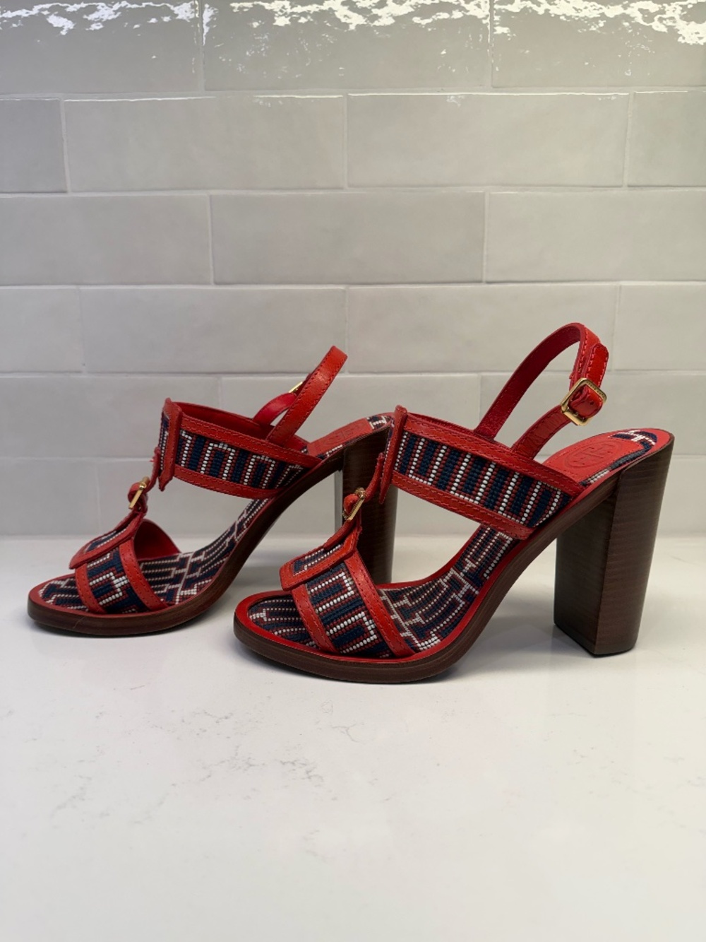 Tory Burch Red and Blue Heel Sandals Size 8.5